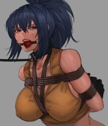 Rule 34 | 1girl, absurdres, arms behind back, ball gag, bdsm, black gloves, blue eyes, blue hair, bondage, bound, bound arms, breast bondage, breasts, covered erect nipples, gag, gagged, gloves, harris hero, highres, large breasts, leona heidern, ponytail, restrained, rope, solo, tank top, the king of fighters, the king of fighters xv, yellow tank top