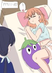 Rule 34 | 2girls, absurdres, between legs, blue hair, blue ribbon, blue shirt, blush, brown shorts, commentary request, crossed bangs, dark blue hair, ereka, facing another, from above, hair ornament, hair ribbon, head on pillow, heart, highres, hinoshita kaho, link! like! love live!, long hair, love live!, low twintails, lying, medium hair, midriff, multiple girls, murano sayaka, navel, on bed, on side, orange hair, own hands together, rabbit hair ornament, ribbon, shirt, short sleeves, shorts, sketch, sleeping, spoken heart, stuffed eggplant, t-shirt, timestamp, translated, twintails, virtual youtuber