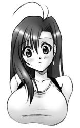 Rule 34 | 1990s (style), 1girl, abu, bare shoulders, blush, breasts, earrings, female focus, final fantasy, final fantasy vii, jewelry, long hair, looking at viewer, lowres, monochrome, retro artstyle, simple background, solo, tank top, tifa lockhart