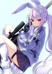 1girl animal_ears ass between_thighs black_gloves fake_animal_ears from_side gloves grey_hair grey_jacket gun highres jacket leg_warmers long_hair long_sleeves looking_at_viewer miniskirt multicolored_hair parted_lips pleated_skirt purple_eyes purple_hair purple_skirt rabbit_ears rifle short_eyebrows simple_background skindentation skirt sniper_rifle solo streaked_hair thick_eyebrows thighs tokonagi_yori tosaki_mimi twintails very_long_hair virtual_youtuber vspo! weapon white_background white_leg_warmers zipper_pull_tab