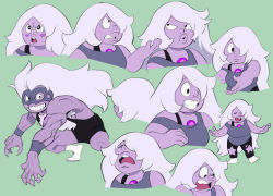 Rule 34 | 1girl, amethyst (steven universe), artist request, blush, blush stickers, colored skin, closed eyes, green background, lips, multiple views, purple skin, simple background, steven universe, white hair