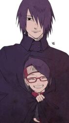 Rule 34 | ^ ^, black eyes, black hair, boruto: naruto next generations, cape, cape over body, closed eyes, eyes visible through hair, family, father and daughter, fingerless gloves, forehead protector, glasses, gloves, grin, hair over one eye, light smile, looking at viewer, naruto (series), peeking out, red top, simple background, smile, spiked hair, uchiha sarada, uchiha sasuke, white background