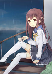 Rule 34 | 1girl, amemiya ruki, brown eyes, brown hair, cup, from side, hair ornament, hairclip, highres, holding, long hair, long sleeves, looking at viewer, looking to the side, open mouth, original, outdoors, pleated skirt, rain, school uniform, serafuku, shoes, sitting, skirt, solo, teacup, thighhighs, white thighhighs, zettai ryouiki