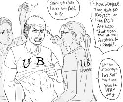 Rule 34 | 1girl, 2boys, abs, bald cap, bb (baalbuddy), clothes lift, commentary, english commentary, english text, glasses, greyscale, highres, makeup, makeup brush, monochrome, multiple boys, open mouth, original, ponytail, shirt, shirt lift, simple background, speech bubble, t-shirt, white background