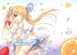 Rule 34 | 1girl, ;d, apple, blonde hair, blue bow, blurry, blush, bow, bracelet, commentary request, depth of field, dress, fingernails, food, fruit, hair between eyes, hair bow, head tilt, high heels, highres, holding, holding food, holding fruit, holding spoon, jewelry, kiwi (fruit), kiwi slice, kohinata hoshimi, long hair, looking at viewer, necklace, one eye closed, open mouth, original, oversized object, purple eyes, red apple, sleeveless, sleeveless dress, smile, solo, spoon, standing, standing on one leg, strawberry, twintails, very long hair, water drop, white dress, white footwear