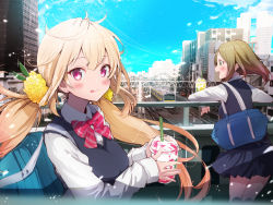 Rule 34 | 2girls, :3, :q, ahoge, bag, black skirt, black vest, blonde hair, blue sky, blush, bow, bowtie, breasts, brown hair, building, city, cityscape, closed mouth, cloud, collared shirt, commentary request, cup, day, disposable cup, drinking straw, floating hair, fuku kitsune (fuku fox), green eyes, hair ornament, hair scrunchie, highres, holding, holding cup, long hair, long sleeves, looking at viewer, low twintails, medium breasts, miniskirt, multiple girls, nakano (tokyo), original, outdoors, overpass, pink eyes, pink neckwear, pleated skirt, profile, railroad tracks, real world location, school bag, school uniform, scrunchie, shirt, sidelocks, skirt, sky, skyscraper, smile, striped bow, striped bowtie, striped clothes, striped neckwear, sweater vest, tokyo (city), tongue, tongue out, train, twintails, very long hair, vest, white shirt