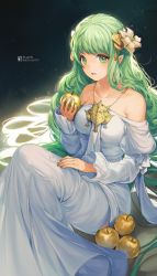 Rule 34 | 1girl, apple, bare shoulders, breasts, character name, commentary, cosplay, dress, fire emblem, fire emblem: three houses, flayn (fire emblem), flower, food, fruit, golden apple, green eyes, green hair, hair flower, hair ornament, highres, holding, holding food, holding fruit, juliet sleeves, long dress, long hair, long sleeves, looking at viewer, medium breasts, nintendo, off-shoulder dress, off shoulder, parted lips, pointy ears, puffy sleeves, rhea (fire emblem), rhea (fire emblem) (cosplay), sitting, solo, symbol-only commentary, velahka, white dress, white flower