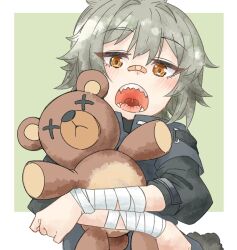 Rule 34 | 1girl, bandaged arm, bandages, bandaid, bandaid on face, bandaid on nose, blush, commentary request, girls&#039; frontline, green background, grey hair, grey jacket, highres, hs2000 (girls&#039; frontline), jacket, looking at viewer, messy hair, nakiusagi, hugging object, open mouth, orange eyes, sharp teeth, solo, stuffed animal, stuffed toy, teddy bear, teeth, upper body
