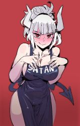 Rule 34 | 1girl, apron, arms up, bare arms, bare hips, bare legs, bare shoulders, black apron, black tail, blush, bow (bhp), breasts, clothes writing, commentary, demon girl, demon horns, demon tail, full-face blush, hands on own breasts, helltaker, horns, large breasts, looking at viewer, lucifer (helltaker), medium hair, mole, mole under eye, naked apron, no bra, no legwear, no panties, no undershirt, ponytail, red background, red eyes, short hair, simple background, smile, solo, sweat, sweatdrop, tail, thick thighs, thighs, white hair, white horns