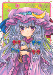 Rule 34 | 1girl, blue bow, blue flower, blue ribbon, blush, book, border, bow, bowtie, capelet, closed mouth, commentary request, crescent, crescent hat ornament, dress, floral print, flower, forget-me-not (flower), frills, gold trim, hair between eyes, hair bow, hair ribbon, hat, hat flower, hat ornament, hat ribbon, holding, holding book, long hair, looking at viewer, marker (medium), mob cap, outside border, patchouli knowledge, pink flower, purple capelet, purple dress, purple eyes, purple hair, purple hat, red bow, red ribbon, ribbon, rui (sugar3), sample watermark, sidelocks, smile, solo, touhou, traditional media, tress ribbon, upper body, very long hair, watermark, white border, white bow, white bowtie, wide sleeves, yellow flower