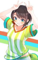 Rule 34 | 1girl, :d, absurdres, banana de ikopon, blue eyes, blush, brown hair, double v, grin, highres, hololive, looking at viewer, megaphone, no headwear, oozora subaru, oozora subaru (1st costume), open mouth, parted lips, shirt, short hair, smile, solo, striped clothes, striped shirt, swept bangs, t-shirt, tied shirt, two-tone shirt, upper body, v, vertical-striped clothes, vertical-striped shirt, virtual youtuber, white shirt, yellow shirt