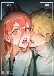 Rule 34 | 1boy, 1girl, absurdres, battery indicator, black necktie, blonde hair, blue background, chainsaw man, cheek-to-cheek, collared shirt, commentary, cross-shaped pupils, demon horns, denji (chainsaw man), drop shadow, fangs, gradient background, hair between eyes, heads together, highres, horns, long bangs, long hair, looking at viewer, necktie, open mouth, orange hair, fake phone screenshot, portrait, power (chainsaw man), quan dao, recording, red horns, shirt, short hair, symbol-only commentary, symbol-shaped pupils, viewfinder, white shirt, wide-eyed, yellow eyes