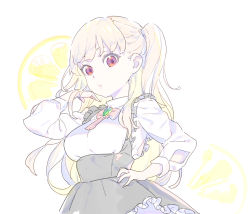 Rule 34 | 1girl, blonde hair, bow, breasts, brooch, closed mouth, enkyo yuuichirou, eyebrows hidden by hair, frilled skirt, frills, grey skirt, hand on own hip, hand up, highres, jewelry, light brown hair, long sleeves, looking at viewer, medium breasts, multicolored hair, pink bow, red eyes, shirt, skirt, solo, suspender skirt, suspenders, tokyo 7th sisters, two-tone hair, two side up, uesugi u. kyouko, white background, white shirt