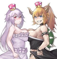 Rule 34 | 2girls, :o, armlet, bare arms, bare shoulders, black dress, blonde hair, blue eyes, blush, bowsette, bracelet, breast press, breasts, brown horns, cinko, cleavage, clenched hand, clenched teeth, clothes lift, collar, dress, dress lift, female focus, frilled dress, frills, from side, ghost, grin, hair between eyes, hand on own hip, horns, jewelry, large breasts, light purple hair, long hair, looking at viewer, luigi&#039;s mansion, mario (series), monster girl, multiple girls, neck, new super mario bros. u deluxe, nintendo, parted lips, ponytail, princess king boo, red eyes, sharp teeth, shell, simple background, smile, spiked armlet, spiked bracelet, spiked collar, spiked shell, spikes, strapless, strapless dress, super crown, symmetrical docking, teeth, thong, turtle shell, white background, white dress