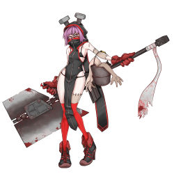 Rule 34 | 1girl, absurdres, asha, bikini, bikini under clothes, black bikini, black dress, blade, blood, bolt (hardware), boots, bucket, dress, full-length zipper, full body, glasses, gloves, high heel boots, high heels, highres, holding, holding weapon, looking at viewer, original, oversized object, pale skin, pelvic curtain, purple hair, red-framed eyewear, red eyes, red gloves, red thighhighs, scar, severed arm, severed limb, short hair, simple background, solo, standing, stitches, swimsuit, tachi-e, thighhighs, weapon, white background, zipper