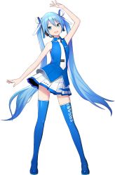 Rule 34 | 1girl, aqua eyes, bare shoulders, blue hair, blue shirt, blue theme, blue thighhighs, boots, contrapposto, full body, hair ribbon, hand up, hatsune miku, headphones, headset, ixima, long hair, looking at viewer, miniskirt, necktie, official art, open mouth, pleated skirt, pocari sweat, ribbon, shirt, shoulder tattoo, skirt, sleeveless, sleeveless shirt, smile, solo, standing, tattoo, thigh boots, thighhighs, transparent background, very long hair, vocaloid, white necktie, white skirt, zettai ryouiki