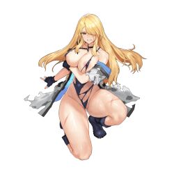 Rule 34 | 1girl, angry, areola slip, arm under breasts, black choker, blonde hair, blue footwear, blue gloves, blue one-piece swimsuit, boots, breasts, camouflage, camouflage jacket, choker, cleavage, clenched teeth, collarbone, covered erect nipples, defeat, fingerless gloves, full body, game cg, gloves, hair over one eye, hand on own arm, high heel boots, high heels, highleg, highleg swimsuit, highres, indomitable marie, injury, jacket, large breasts, last origin, long hair, looking at viewer, military jacket, multi-strapped swimsuit, official alternate costume, official art, on one knee, one-piece swimsuit, open clothes, open jacket, open mouth, partially visible vulva, rubber boots, sidelocks, simple background, skindentation, solo, sweat, swimsuit, swimsuit under clothes, tachi-e, teeth, thick thighs, thighs, torn clothes, torn jacket, torn straps, torn swimsuit, transparent background, tunamayo (dsasd751), wedgie, white jacket, yellow eyes
