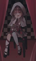 Rule 34 | absurdres, black dress, black footwear, bow, brown hair, cape, capelet, chair, child, cloak, commission, covering face, curtains, doll, dress, fallenshadow, flower, frills, grey thighhighs, hair over eyes, hands on own face, highres, hood, hood up, hooded capelet, indie virtual youtuber, petals, pink bow, pink eyes, pink ribbon, ribbon, short hair, sidelocks, single thighhigh, sitting, skeb commission, smile, solo, thighhighs, virtual youtuber, wrist cuffs, yandere