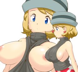 Rule 34 | 1girl, areola slip, blonde hair, blue eyes, breasts, breasts out, closed mouth, commentary request, covered erect nipples, creatures (company), earrings, eyelashes, game freak, grey headwear, grey sweater vest, hat, jewelry, large breasts, looking down, multiple views, nintendo, pokemon, pokemon (anime), pokemon journeys, pokemon swsh105, red skirt, serena (pokemon), sideboob, simple background, skirt, smile, sweater vest, tof, upper body, white background
