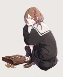 Rule 34 | 1girl, bag charm, black footwear, black serafuku, black shirt, black skirt, black socks, briefcase, brown eyes, brown hair, charm (object), commentary request, grey background, hair ribbon, highres, holding, kneehighs, loafers, long sleeves, looking at viewer, looking back, original, pleated skirt, popman3580, red ribbon, ribbon, sailor collar, school briefcase, school uniform, serafuku, shirt, shoe soles, shoes, simple background, skirt, sleeves past wrists, socks, solo, stuffed animal, stuffed rabbit, stuffed toy, sweat, thick eyebrows, white sailor collar