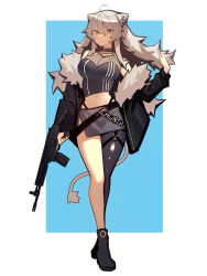 Rule 34 | 1girl, ahoge, animal ear piercing, animal ears, bare shoulders, black footwear, black jacket, black pantyhose, boots, breasts, cleavage, closed mouth, commentary, cropped shirt, distr, full body, fur-trimmed jacket, fur trim, grey eyes, grey hair, grey skirt, gun, hair between eyes, high heel boots, high heels, highleg, highleg panties, highres, holding, holding gun, holding weapon, hololive, jacket, large breasts, lion ears, lion girl, lion tail, long hair, looking at viewer, messy hair, midriff, miniskirt, navel, o-ring, o-ring thigh strap, open clothes, open jacket, panties, pantyhose, see-through, see-through cleavage, shirt, shishiro botan, shishiro botan (1st costume), sidelocks, simple background, single leg pantyhose, skin tight, skirt, sleeveless, sleeveless shirt, solo, standing, tail, thigh strap, torn clothes, torn pantyhose, two-tone background, underwear, virtual youtuber, weapon, zipper skirt