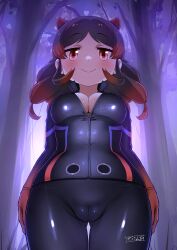 Rule 34 | 1girl, absurdres, animal ears, arms at sides, black bodysuit, black hair, blush, bodysuit, breasts, cameltoe, catsuit, cleavage, cleft of venus, commentary, cowboy shot, extra ears, forest, from below, full-length zipper, gloves, gluteal fold, highres, hippopotamus (kemono friends), hippopotamus ears, kemono friends, large breasts, leather suit, long hair, long sleeves, looking at viewer, looking down, masuyama ryou, multicolored hair, nature, open bodysuit, open clothes, outdoors, parted bangs, partially unzipped, red bodysuit, red hair, shirt, short hair, smile, thigh gap, two-tone hair, unzipped, zipper
