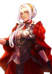 Rule 34 | 1girl, absurdres, alternate hairstyle, armor, breasts, cape, edelgard von hresvelg, fire emblem, fire emblem: three houses, fire emblem warriors, fire emblem warriors: three hopes, gloves, hair ornament, hair ribbon, highres, long hair, looking at viewer, nintendo, official alternate costume, official alternate hairstyle, purple eyes, ribbon, sethkiel, simple background, solo, white hair