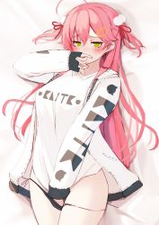 Rule 34 | 1girl, ahoge, black panties, blush, covering own mouth, green eyes, hair ornament, hair ribbon, hand in panties, highres, hololive, jacket, long hair, long sleeves, nyan (reinyan 007), open clothes, open jacket, panties, panty pull, pink hair, pom pom (clothes), pom pom hair ornament, ribbon, sakura miko, shirt, sleeves past wrists, solo, two side up, underwear, very long hair, virtual youtuber, white jacket, white shirt