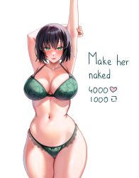 Rule 34 | 1girl, absurdres, arm up, armpits, black hair, blush, bra, breasts, cleavage, clenched teeth, collarbone, cowboy shot, curvy, english text, fubuki (one-punch man), green bra, green eyes, green panties, hair between eyes, highres, holding own arm, lace, lace-trimmed legwear, lace-trimmed panties, lace trim, large breasts, lingerie, lips, lipstick, looking ahead, looking at viewer, machulanko, makeup, meme, navel, one-punch man, panties, red lips, short hair, simple background, smile, solo, teeth, thick thighs, thighs, twitter strip game (meme), underwear, underwear only, white background