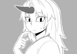 Rule 34 | 1girl, blush, closed mouth, commentary request, from side, grey background, greyscale, horns, hoshiguma yuugi, index finger raised, light blush, long hair, looking at viewer, looking to the side, monochrome, outline, parted bangs, poronegi, simple background, single horn, solo, sweatdrop, touhou, upper body, white outline