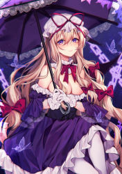 Rule 34 | 1girl, absurdres, adapted costume, ayanokouji awayuki, bare shoulders, blonde hair, blush, bow, bowtie, breasts, bug, butterfly, chromatic aberration, cleavage, corset, detached collar, detached sleeves, dress, floating, gloves, glowing butterfly, hair between eyes, hair bow, hat, hat ribbon, highres, holding, holding umbrella, insect, lace-trimmed sleeves, lace-trimmed umbrella, lace trim, light particles, long hair, looking at viewer, medium breasts, mob cap, pantyhose, purple corset, purple dress, purple eyes, purple sleeves, purple theme, red bow, red bowtie, red ribbon, ribbon, shiny skin, sidelocks, smile, solo, star (sky), strapless, strapless dress, texture, touhou, transparent butterfly, transparent flower, umbrella, very long hair, wavy hair, white gloves, white hat, white pantyhose, yakumo yukari