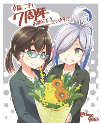Rule 34 | 2girls, ahoge, alternate costume, asashimo (kancolle), black hair, black jacket, blazer, blue-framed eyewear, bouquet, commentary request, copyright name, flower, glasses, green eyes, green ribbon, grin, hair over one eye, jacket, kantai collection, long hair, looking at viewer, multicolored hair, multiple girls, neck ribbon, okinami (kancolle), pink hair, ponytail, ribbon, school uniform, sharp teeth, short hair, silver hair, smile, teeth, toge nbo, upper body