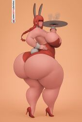 Rule 34 | 1girl, ass, blush, breasts, chainsaw man, female focus, hand on own hip, high heels, highres, huge ass, huge breasts, leotard, looking at viewer, looking back, makima (chainsaw man), playboy bunny, plump, rabbit ears, rabbit girl, rabbit tail, red hair, red leotard, solo, someshittysketches, thick thighs, thighs
