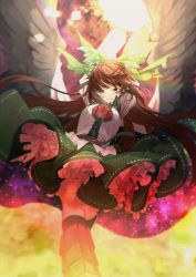 Rule 34 | 1girl, absurdres, arms up, bow, breasts, brown hair, chromatic aberration, commentary request, feathers, frills, from below, green bow, green ribbon, hair ribbon, highres, long hair, looking at viewer, otoshiro kosame, red eyes, reiuji utsuho, ribbon, small breasts, solo, thighhighs, thighs, touhou, wings