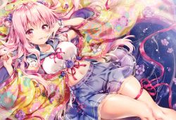 Rule 34 | 1girl, absurdres, battlequeenyume, blush, bow, bowtie, breasts, collarbone, colorful, floral print, flower, frills, hair ornament, highres, huge filesize, long hair, looking at viewer, lying, medium breasts, midriff, navel, on back, open mouth, original, petals, pink eyes, pink hair, ribbon, riichu, sailor, scan, scrunchie, shiny skin, skirt, sleeveless, smile, solo, stomach, thick thighs, thigh strap, thighs, violet (flower), water, wrist scrunchie