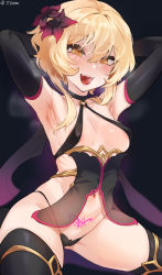 Rule 34 | 1girl, :d, areola slip, armpits, arms behind head, black background, black gloves, black panties, black thighhighs, blonde hair, blush, breasts, cameltoe, cleft of venus, commentary, elbow gloves, flower, genshin impact, gloves, hair flower, hair ornament, highres, jtveemo, looking at viewer, lumine (genshin impact), medium breasts, naughty face, navel, open mouth, panties, pubic tattoo, simple background, smile, solo, sweat, tattoo, teeth, thighhighs, thighs, twitter username, underwear, yellow eyes