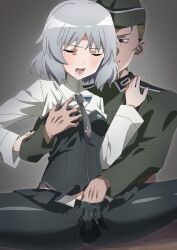 Rule 34 | 1boy, 1girl, absurdres, black pantyhose, bob cut, breasts, drooling, fingering, grabbing, grabbing another&#039;s breast, grey background, grey hair, hand in pantyhose, hat, hetero, highres, long sleeves, military hat, military uniform, miniskirt, molestation, nazi, necktie, oinari (koheihei1109), open mouth, pantyhose, pussy juice, reach-around, sanya v. litvyak, shirt, skirt, small breasts, spread legs, strike witches, tears, uniform, white shirt, world witches series