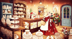 Rule 34 | apron, basket, bow, bowtie, candy, candy cane, christmas, christmas stocking, christmas tree, christmas wreath, counter, cup, dishes, dress, english text, food, fork, glasses, hand on own chin, hanging light, hat, hedgehog, hinata (echoloveloli), holding, holding basket, indoors, kettle, no humans, original, plate, porcelain, rabbit, red bow, red bowtie, red dress, santa hat, shop, snowflakes, spoon, star (symbol), white apron, wooden floor, wooden wall, wreath