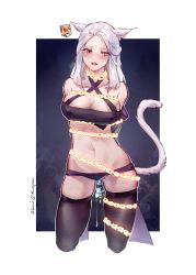 Rule 34 | 1girl, animal ears, arms behind back, warrior of light (ff14), black background, black bra, black panties, black thighhighs, blush, bra, breasts, cat ears, cat girl, cat tail, chain, cleavage, clothing aside, cowboy shot, fangs, final fantasy, final fantasy xiv, gameplay mechanics, heterochromia, highres, large breasts, long hair, miqo&#039;te, navel, object insertion, open mouth, panties, panties aside, pussy juice, red eyes, restrained, scar, scar across eye, scar on face, skindentation, solo, tail, thighhighs, underwear, vaginal, vaginal object insertion, white background, white hair, wudiyishileiyu