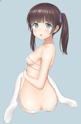 Rule 34 | 1girl, ass, bikini, blue background, blue eyes, blush, brave witches, breasts, brown hair, butt crack, female focus, georgette lemare, hair ornament, hair ribbon, highres, looking at viewer, looking back, open mouth, ribbon, sc naru, simple background, small breasts, solo, swimsuit, thighhighs, twintails, white bikini, white thighhighs, world witches series