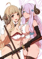 Rule 34 | 10s, 2girls, :d, ahoge, anila (granblue fantasy), black gloves, blonde hair, blue eyes, blunt bangs, blush, breasts, clearite, covered erect nipples, demon horns, draph, elbow gloves, gloves, granblue fantasy, hair ornament, hair over one eye, horns, large breasts, long hair, multiple girls, narmaya (granblue fantasy), open mouth, orange eyes, pink hair, sheep horns, simple background, single thighhigh, smile, thighhighs, weapon, white background, white gloves