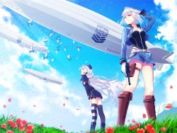 Rule 34 | 2girls, aircraft, armband, asymmetrical legwear, belt, bird, blue headwear, blue jacket, blue skirt, blue sky, boots, brown footwear, c96 (girls&#039; frontline), cloud, collared jacket, commentary request, cropped jacket, dirigible, emblem, flock, flower, flower request, from below, garrison cap, girls&#039; frontline, gloves, griffin &amp; kryuger, grifon&amp;kryuger, gun, hand to hat, handgun, hands on thighs, hat, highleg, highleg leotard, highleg panties, holding, holding gun, holding weapon, ishimaru f, jacket, knee boots, leotard, light purple hair, light rays, long hair, looking ahead, looking up, luger p08, medium hair, mismatched legwear, mountain, multiple girls, open clothes, open jacket, p08 (girls&#039; frontline), panties, petals, pouch, red flower, skirt, sky, striped clothes, striped legwear, striped thighhighs, sunbeam, sunlight, thigh pouch, thigh strap, thighhighs, trigger discipline, twintails, underwear, very long hair, weapon, white gloves, white hair, wind, yellow eyes