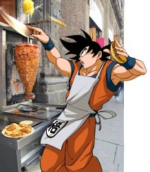 Rule 34 | 1boy, apron, arms up, black eyes, blue sash, blue shirt, blue wristband, broonoart, dougi, dragon ball, food, hands up, highres, holding, holding food, holding knife, knife, looking to the side, looking up, orange pants, pants, photo background, plate, sash, shirt, short sleeves, solo, son goku, spanish commentary, spiked hair, standing, taco, upper body, vertical rotisserie, white apron