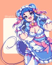 Rule 34 | 1girl, :d, acupkafro, animal ears, apron, bell, blue dress, blue hair, bow, breasts, cleavage, clothes lift, collar, detached collar, dress, fingers to cheeks, gloves, hair bow, hands up, highres, index finger raised, indie virtual youtuber, jingle bell, long hair, maid, maid headdress, medium breasts, mouse ears, mouse girl, mouse tail, neck bell, nekomi mousu, open mouth, orange background, pink bow, pixel art, skirt, skirt lift, smile, tail, thighhighs, twitter username, v-shaped eyebrows, virtual youtuber, white collar, white gloves, white thighhighs, wrist bow