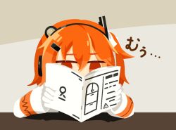 Rule 34 | 1girl, a.i. voice, adachi rei, book, chibi, commentary, covered mouth, elbows on table, furrowed brow, gloves, hair ribbon, headlamp, headphones, holding, holding book, instruction manual, jacket, no sclera, one side up, open book, orange eyes, orange hair, radio antenna, reading, ribbon, solo, upper body, utau, white gloves, white jacket, white ribbon, yuhshi (u4)
