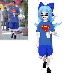 Rule 34 | 1boy, 1girl, absurdres, adam sandler, adam sandler (cosplay), alternate costume, black-framed eyewear, black footwear, blue eyes, blue hair, blue ribbon, blue shirt, blue shorts, casual, cirno, cosplay, crystal, cup, dc comics, disposable cup, drink, flat chest, full body, grin, hair ribbon, hand up, happy, highres, holding, holding cup, ice, ice wings, logo, matching hair/eyes, photo-referenced, photo (medium), photo inset, real life, reference photo, ribbon, shirt, shoes, short hair, short sleeves, shorts, simple background, smile, socks, standing, standing on one leg, sunglasses, superman (series), superman logo, superman symbol, teeth, tomboy, touhou, umisaki, walking, white background, white legwear, wings