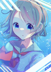 blue_eyes blush brown_hair bubble grey_hair grey_sailor_collar highres love_live! love_live!_sunshine!! necktie open_mouth sailor_collar school_uniform serafuku shiratani_kokoha short_hair simple_background underwater upper_body uranohoshi_school_uniform watanabe_you water wavy_hair