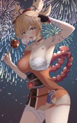 1girl arm_tattoo arm_up armpits bad_id bad_pixiv_id black_gloves blonde_hair blush breasts candy_apple chest_tattoo choker commentary_request fingerless_gloves fireworks food genshin_impact gloves hair_ornament hand_up highres holding holding_food japanese_clothes kimono medium_breasts nail_polish open_mouth orange_eyes orange_kimono ponytail red_choker red_nails short_kimono single_bare_shoulder single_fingerless_glove smile solo soukoku tattoo teeth upper_teeth_only vision_(genshin_impact) yoimiya_(genshin_impact)