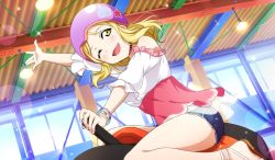 Rule 34 | 1girl, ;), alternate hairstyle, artist name, artist request, bare legs, bare shoulders, barefoot, blonde hair, blue pants, blue shorts, blush, bracelet, braid, breasts, brown eyes, dress, feet, female focus, green eyes, hair rings, helmet, highres, jewelry, looking at viewer, love live!, love live! school idol festival, love live! school idol festival all stars, love live! sunshine!!, nail, nail polish, ohara mari, one eye closed, pants, parted lips, pink dress, pink nails, pink nails, purple headwear, sandals, seashell print, short hair, short sleeves, shorts, smile, solo, sparkle, star (symbol), star print, white dress, yellow eyes