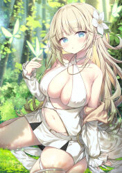 Rule 34 | 1girl, blonde hair, blue eyes, breasts, bug, butterfly, center opening, elf, flower, hair flower, hair ornament, highres, insect, long hair, looking at viewer, medium breasts, microskirt, nature, off shoulder, original, pointy ears, sitting, skirt, solo, topia, wariza